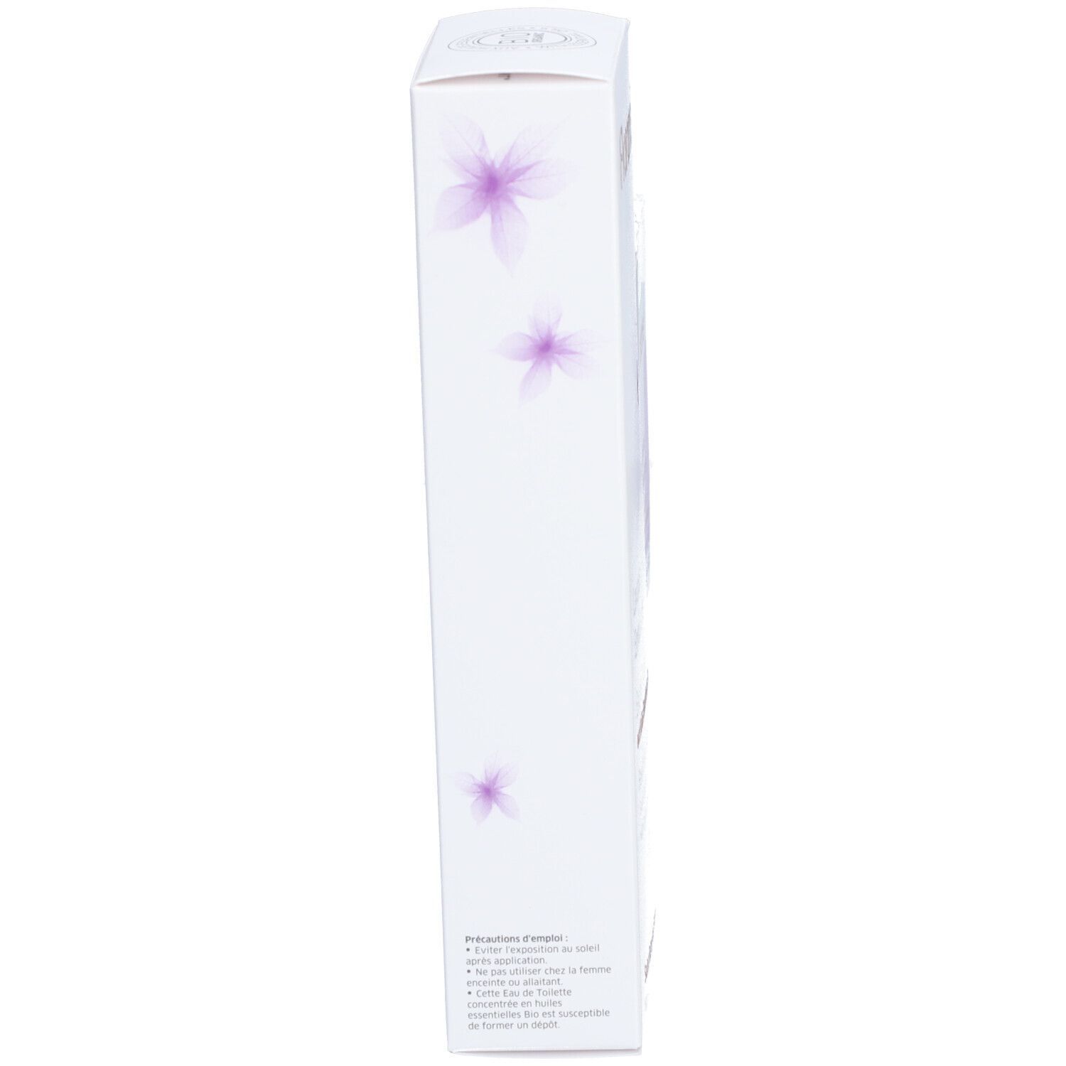 Emballage produit blanc, fin, avec motifs floraux violets. Texte : Précautions, ingrédients, fabricant.