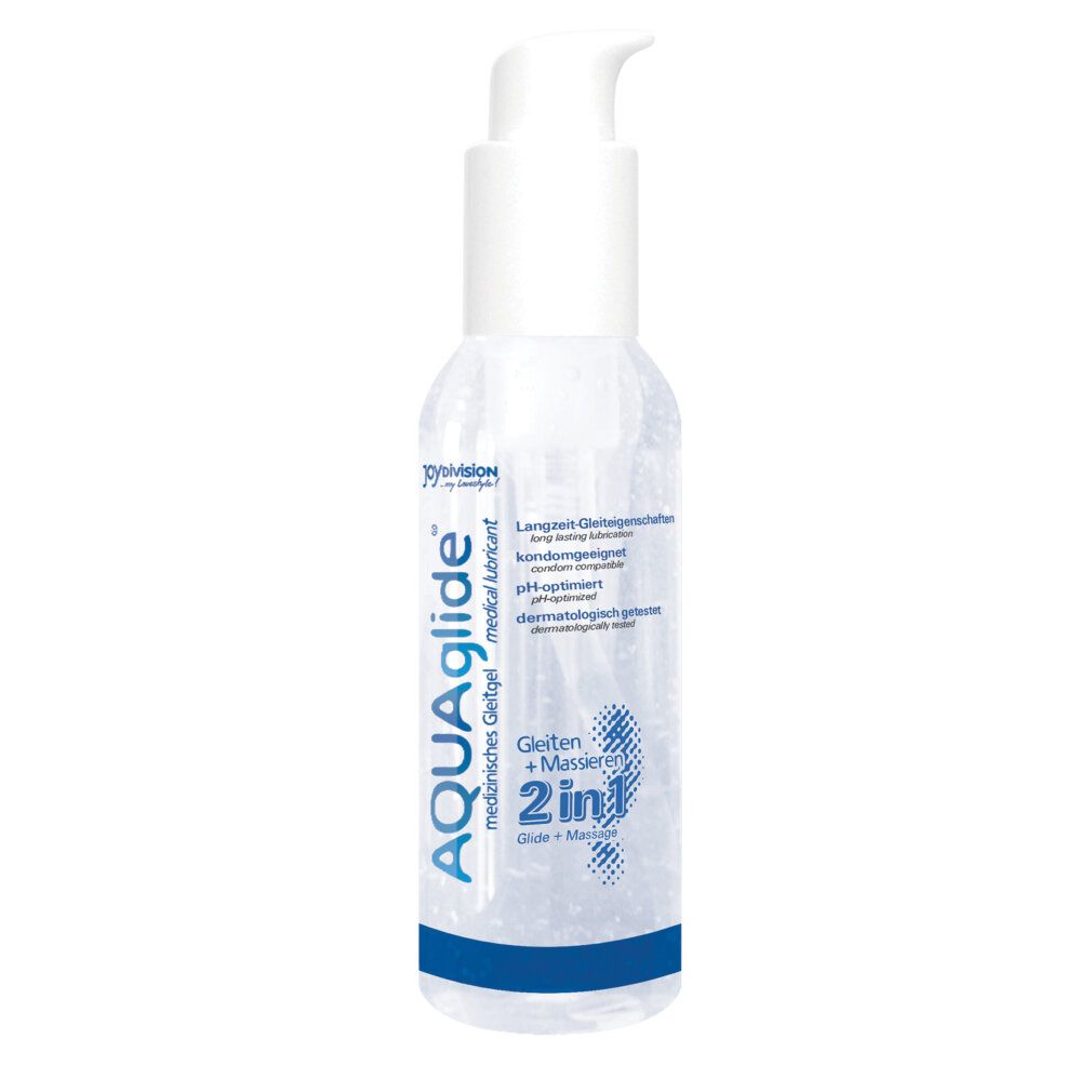 Transparante fles met witte pomp. Opschrift: AQUAglide 2in1, medische glijmiddel, pH-geoptimaliseerd. Merk: Joydivision.