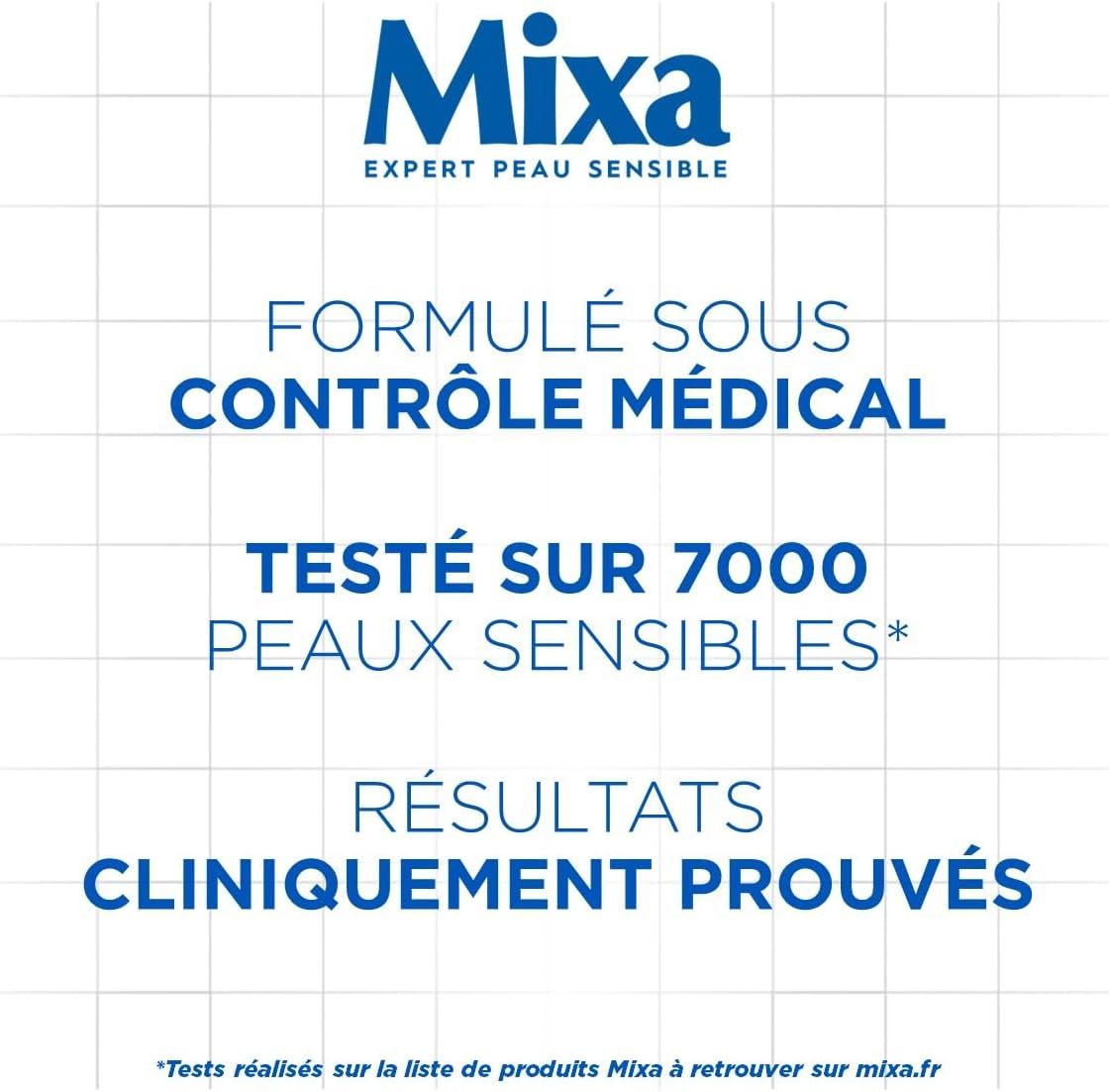 Mixa : Formulé sous contrôle médical, testé sur 7000 peaux sensibles, résultats cliniquement prouvés.