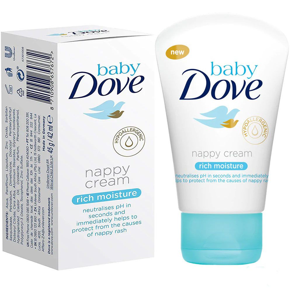 Crème pour bébé Dove et emballage. Produit blanc avec bouchon bleu. Inscription : Baby Dove, nappy cream, rich moisture. Hypoallergénique.