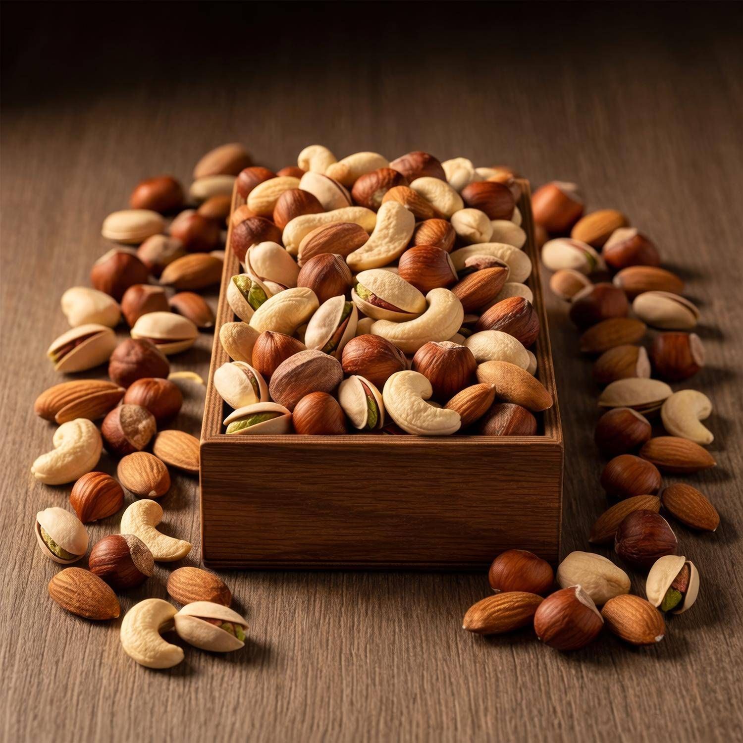 Houten kistje met een mix van noten: amandelen, cashewnoten, hazelnoten en pistachenoten.