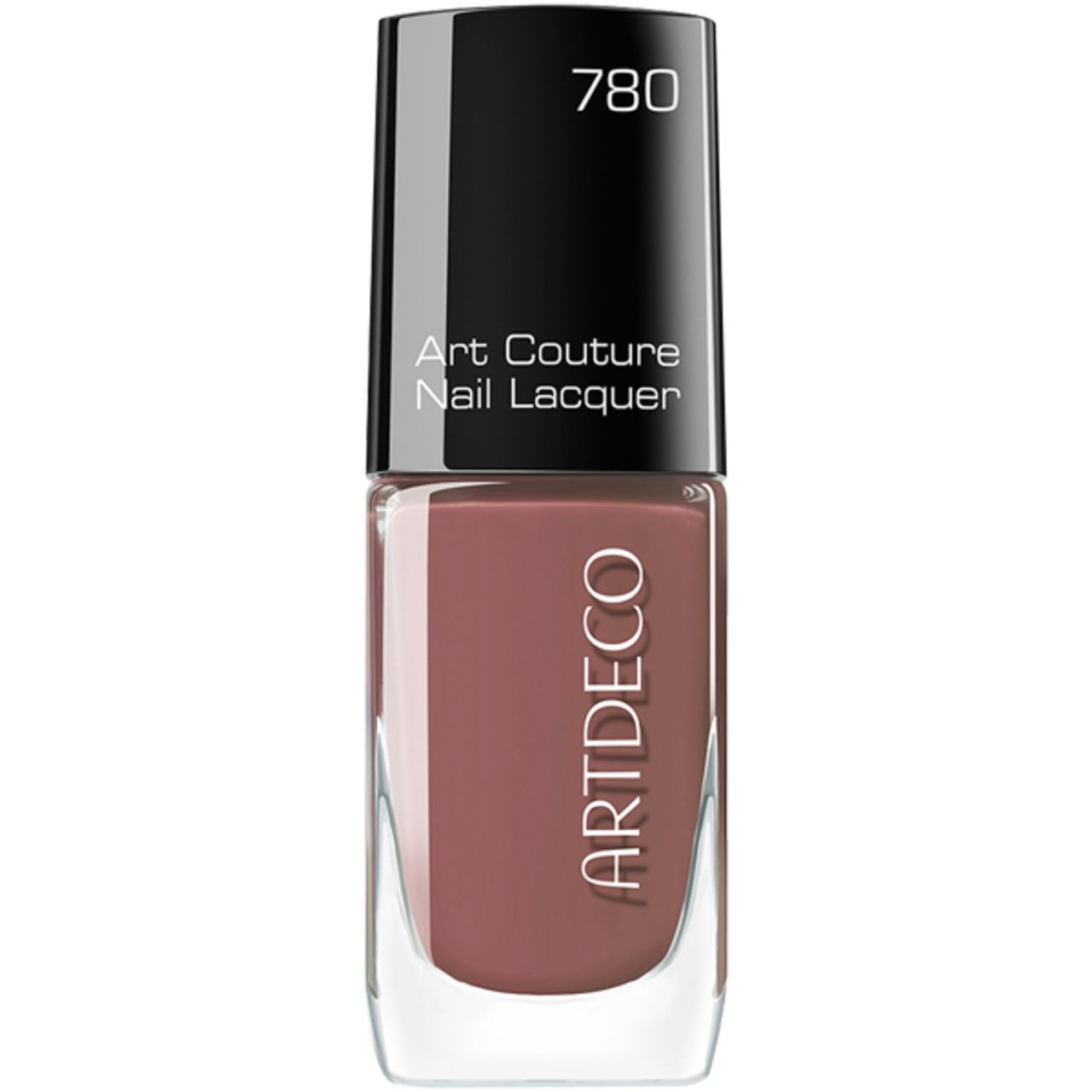 Artdeco Art Couture nagellak. Flesje bruine nagellak. Zwarte dop met opschrift 780. Productnaam en merk zichtbaar.