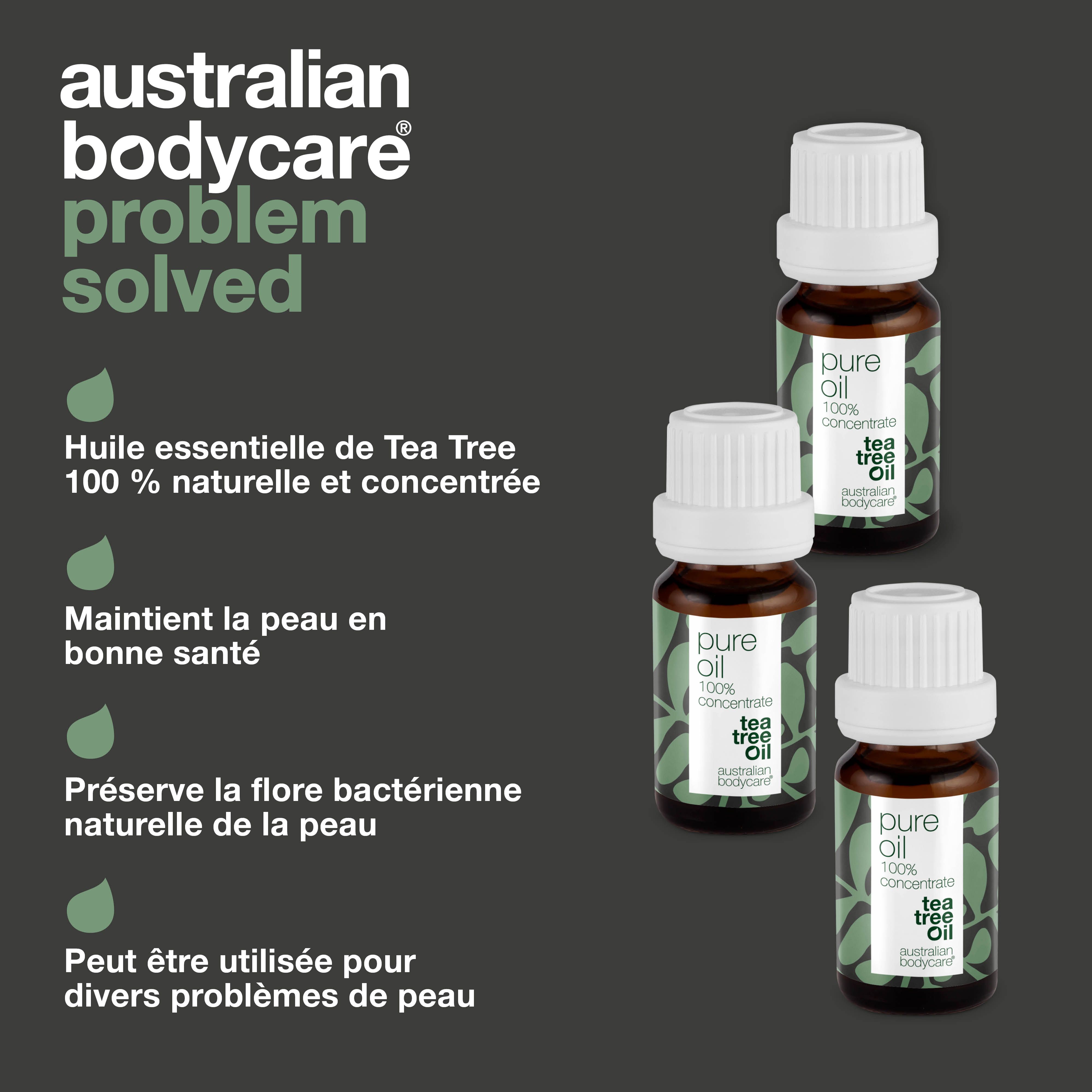 Flacons d'huile d'arbre à thé. Inscription : Pure Oil, 100% Concentrate, Tea Tree Oil. Texte : Huile essentielle de Tea Tree 100% naturelle et concentrée.