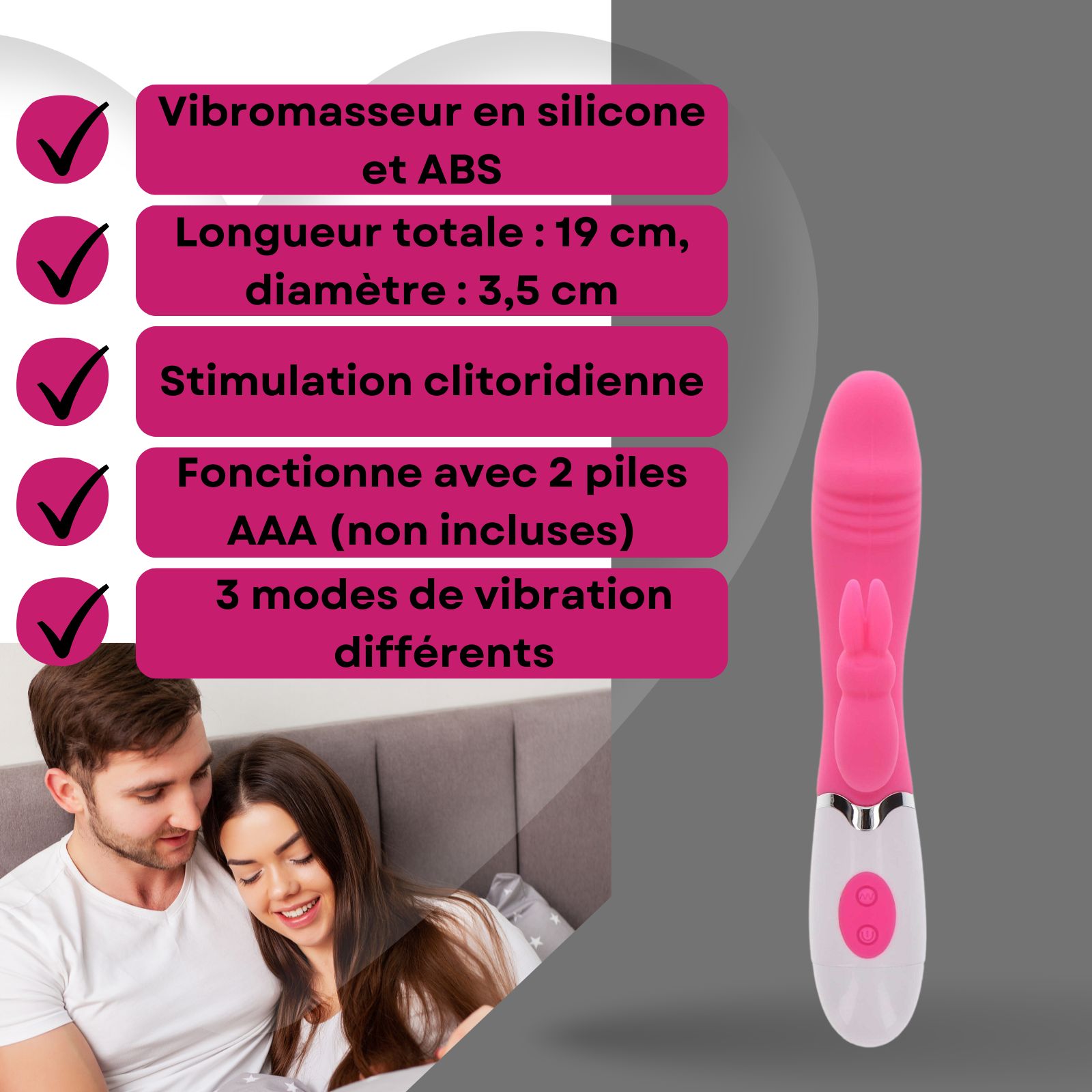 Vibromasseur rose, design lapin. Longueur 19 cm, diamètre 3,5 cm. Stimulation clitoridienne. Couple en arrière-plan.