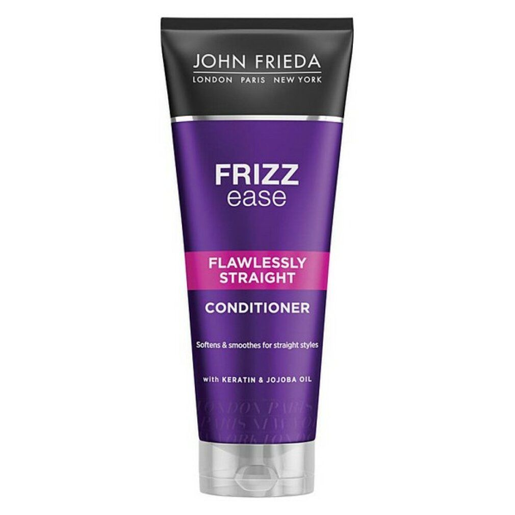 Tube de revitalisant John Frieda Frizz Ease Flawlessly Straight. Violet, rose et blanc. Avec kératine et huile de jojoba.