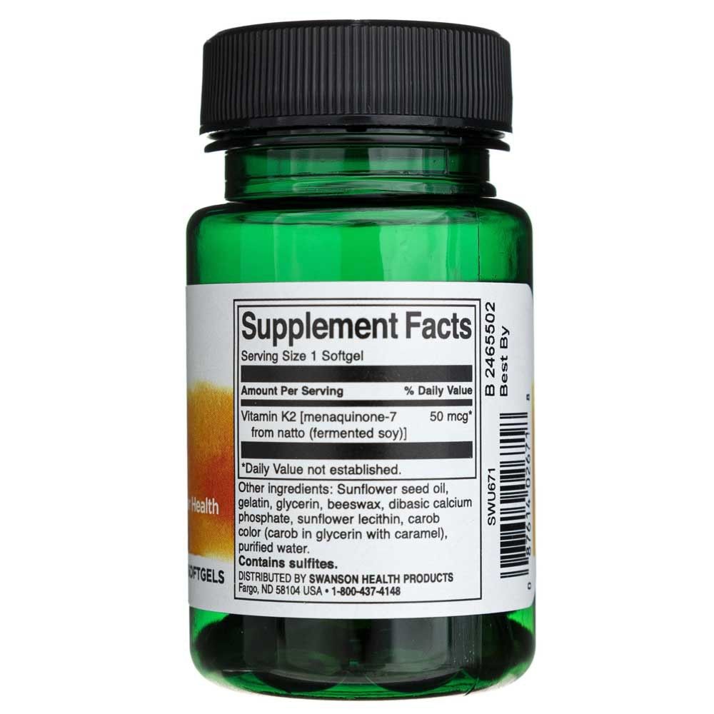 Arrière d'une bouteille de Softgels de Vitamine K-2 SWANSON. Affiche les informations nutritionnelles et les ingrédients.