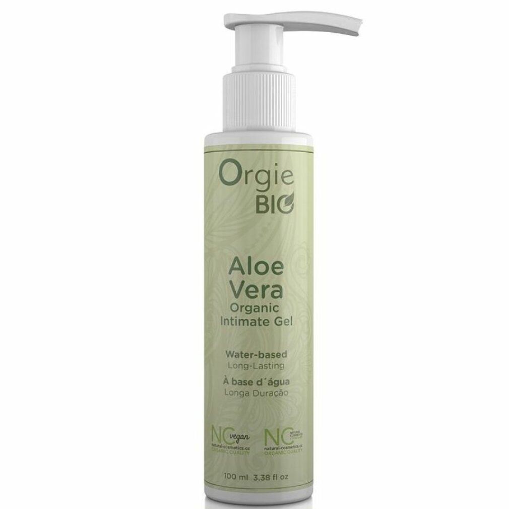 Fles met pomp. Opschrift: Orgie BIO Aloe Vera Organic Intimate Gel. Op waterbasis, langdurig.