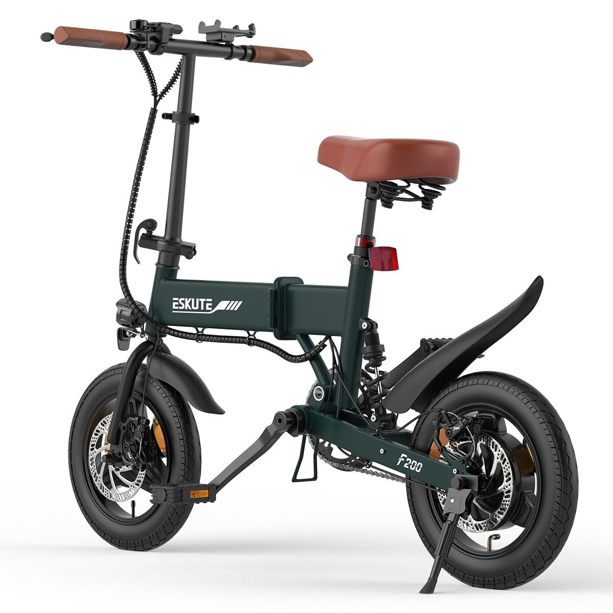ESKUTE F200 e-bike, groen. Bruin zadel en handvatten. Zwarte spatborden en banden. Schijfremmen. F200-opschrift.