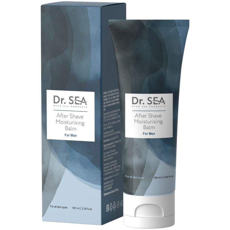 Aftershavebalsem en verpakking. Tube met witte dop en blauwe verpakking. Opschrift: Dr. Sea, After Shave Moisturising Balm.