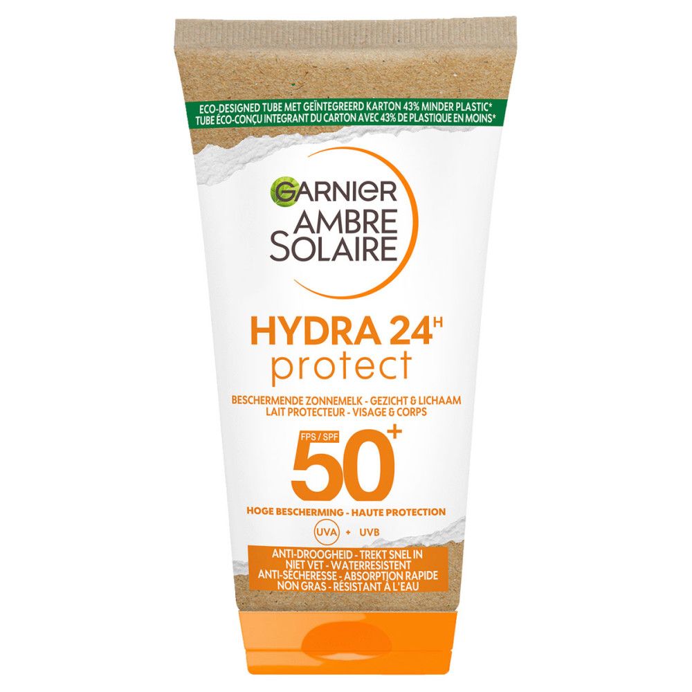Tube blanc et orange Garnier Ambre Solaire Hydra 24H protect. SPF 50+. Texte en néerlandais, français et allemand. Mention éco-conception.