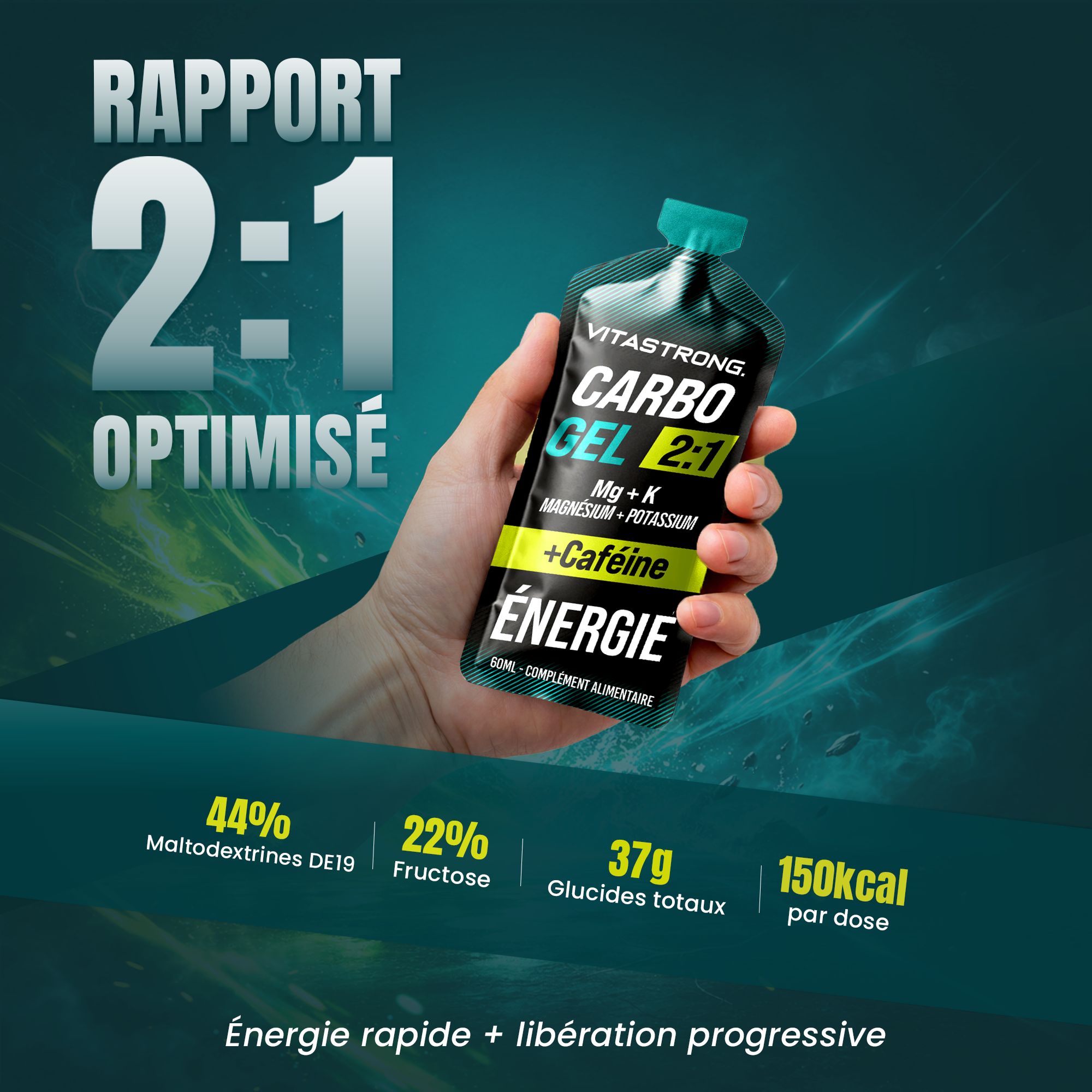 Vitastrong Carbo Gel 2:1 + Koffein. Gelverpakking in hand. Tekst: Carbo Gel 2:1, Mg + K, Magnesium + Kalium + Cafeïne, Energie. Voedingswaarden.