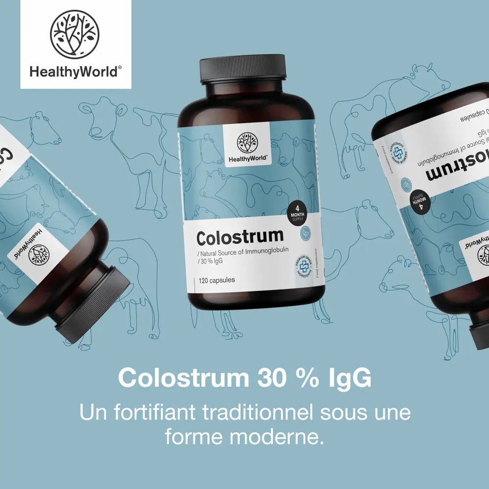 Trois flacons avec capsules. Texte: Colostrum 30% IgG. Fortifiant traditionnel sous une forme moderne.