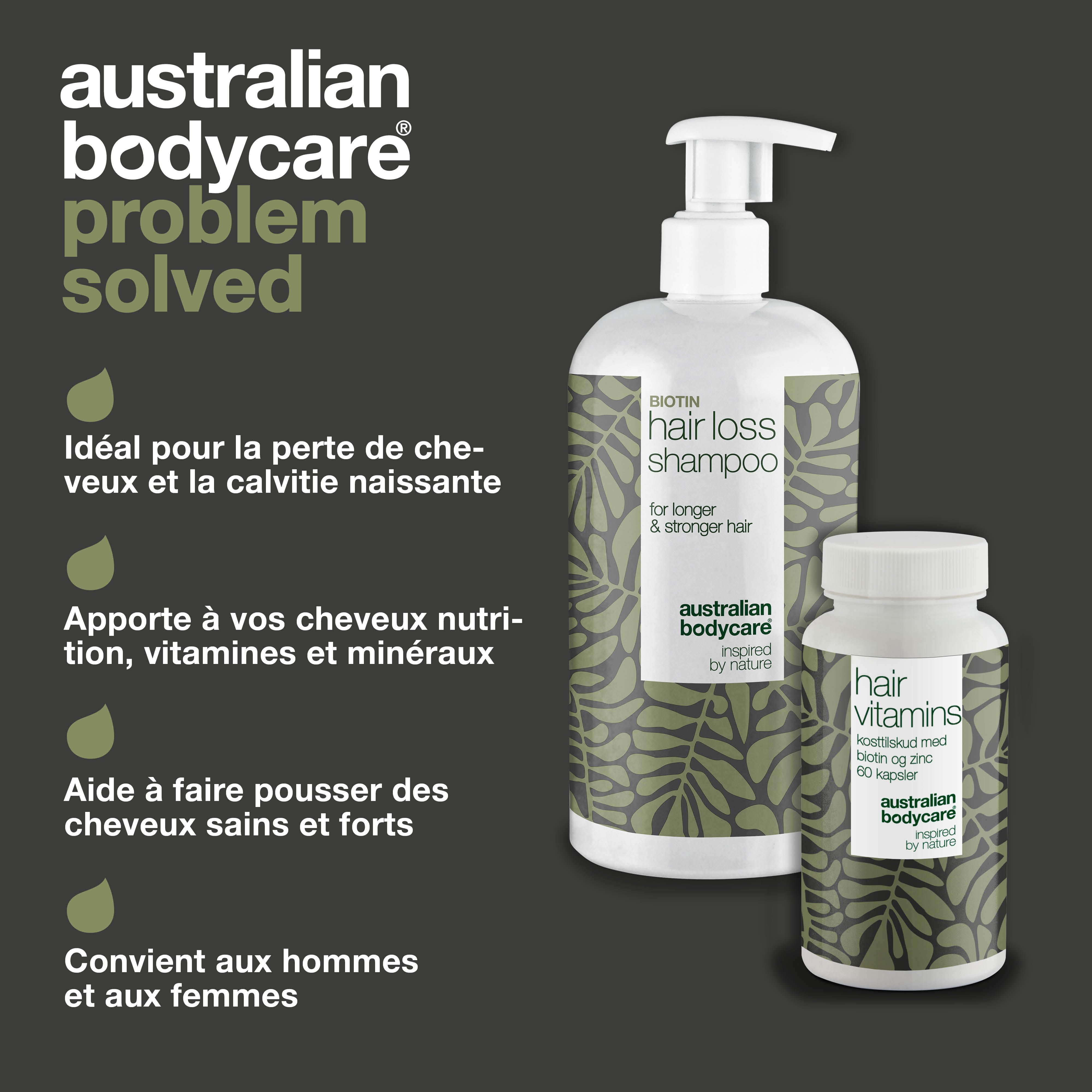 Solution contre la chute de cheveux. Flacons de shampooing et de vitamines. Texte: Hair Loss Shampoo, Hair Vitamins. Marque: Australian Bodycare.
