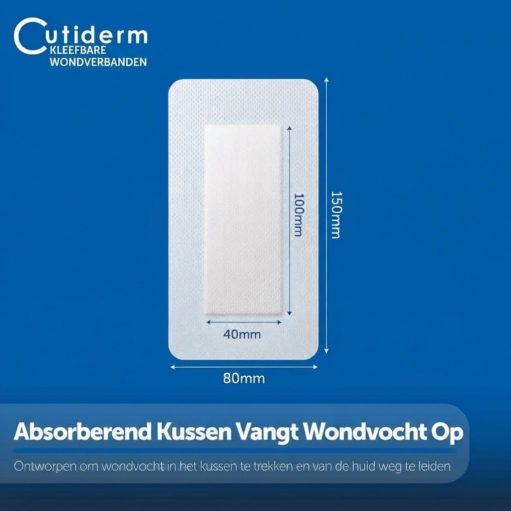 Een Cutiderm wondverband, 80x150mm, met een absorberend kussen van 40x100mm.