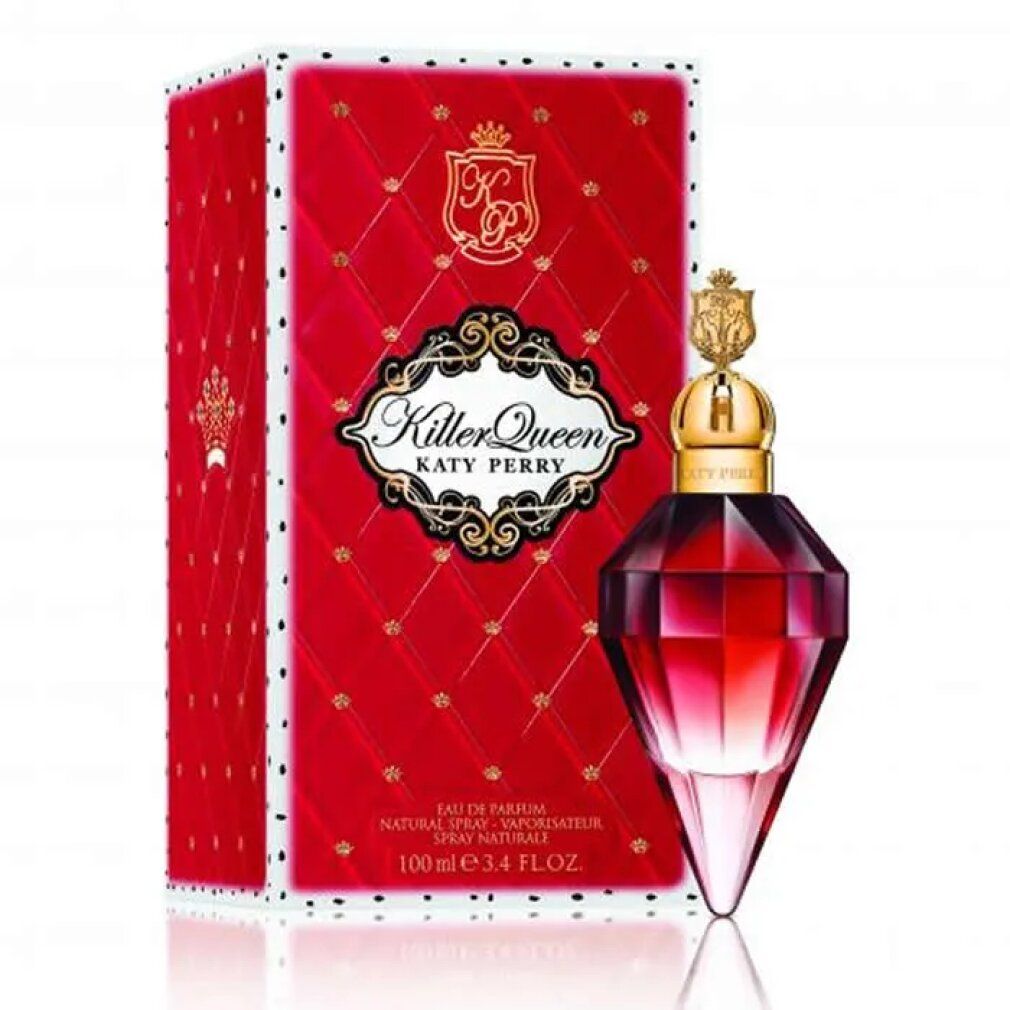 Flacon rouge avec bouchon doré et emballage rouge. L'emballage porte la mention "Killer Queen Katy Perry".