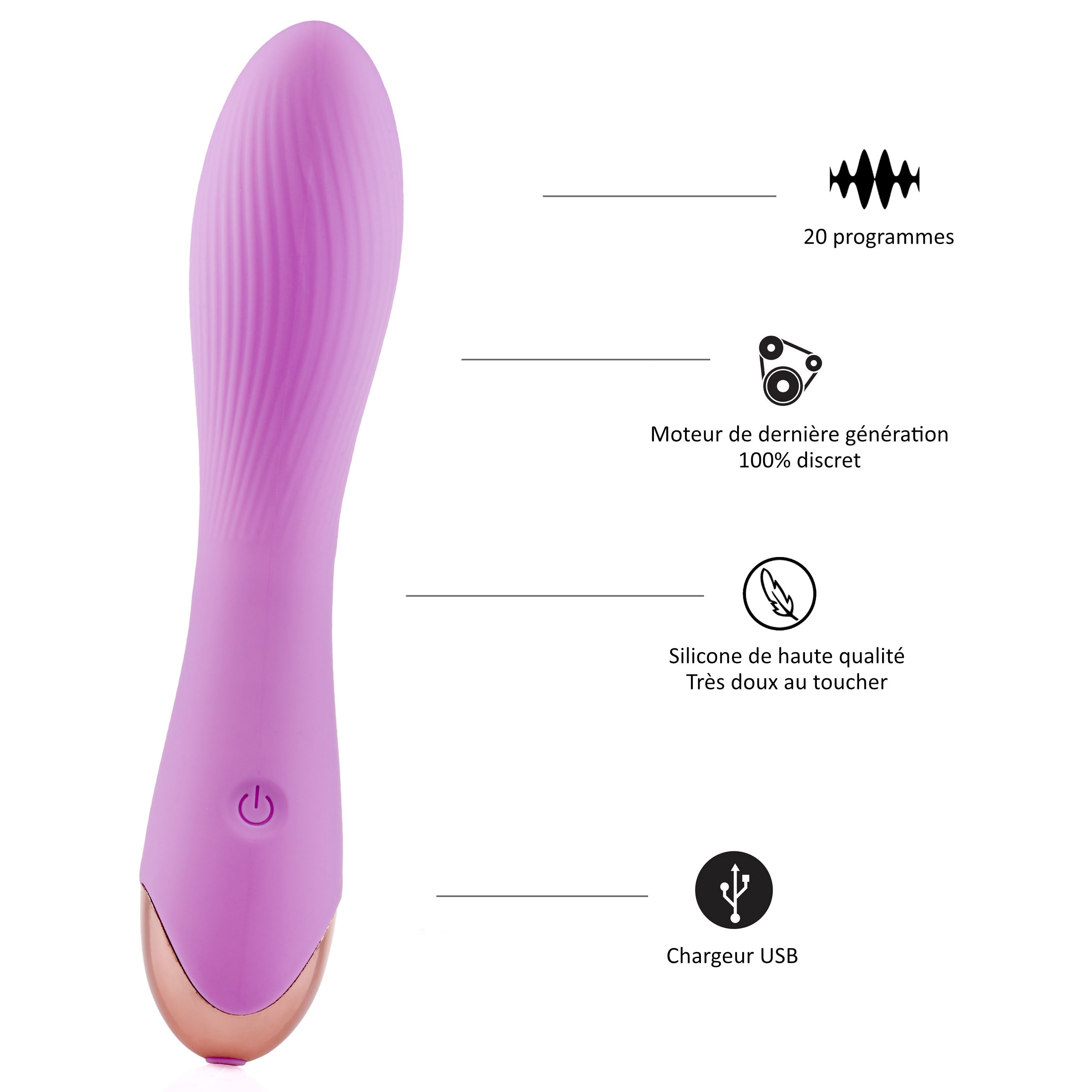Paarse vibrator met 20 programma's, stille motor, hoogwaardige siliconen en USB-oplaadfunctie.