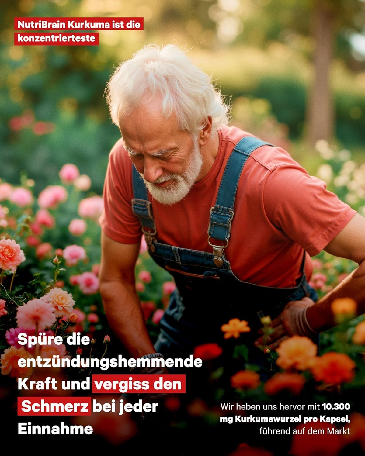 Homme âgé dans un jardin, se concentrant sur son dos, avec texte sur l'effet anti-inflammatoire.