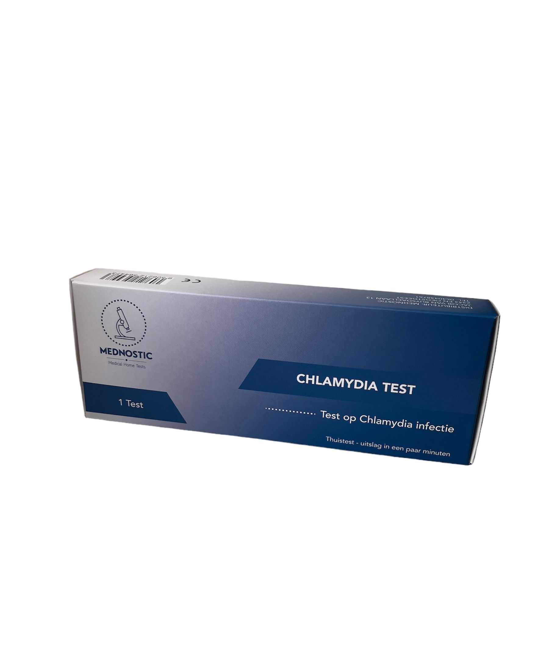 Kartonnen verpakking met "CHLAMYDIA TEST". Logo "MEDNOSTIC". Bevat "1 Test".