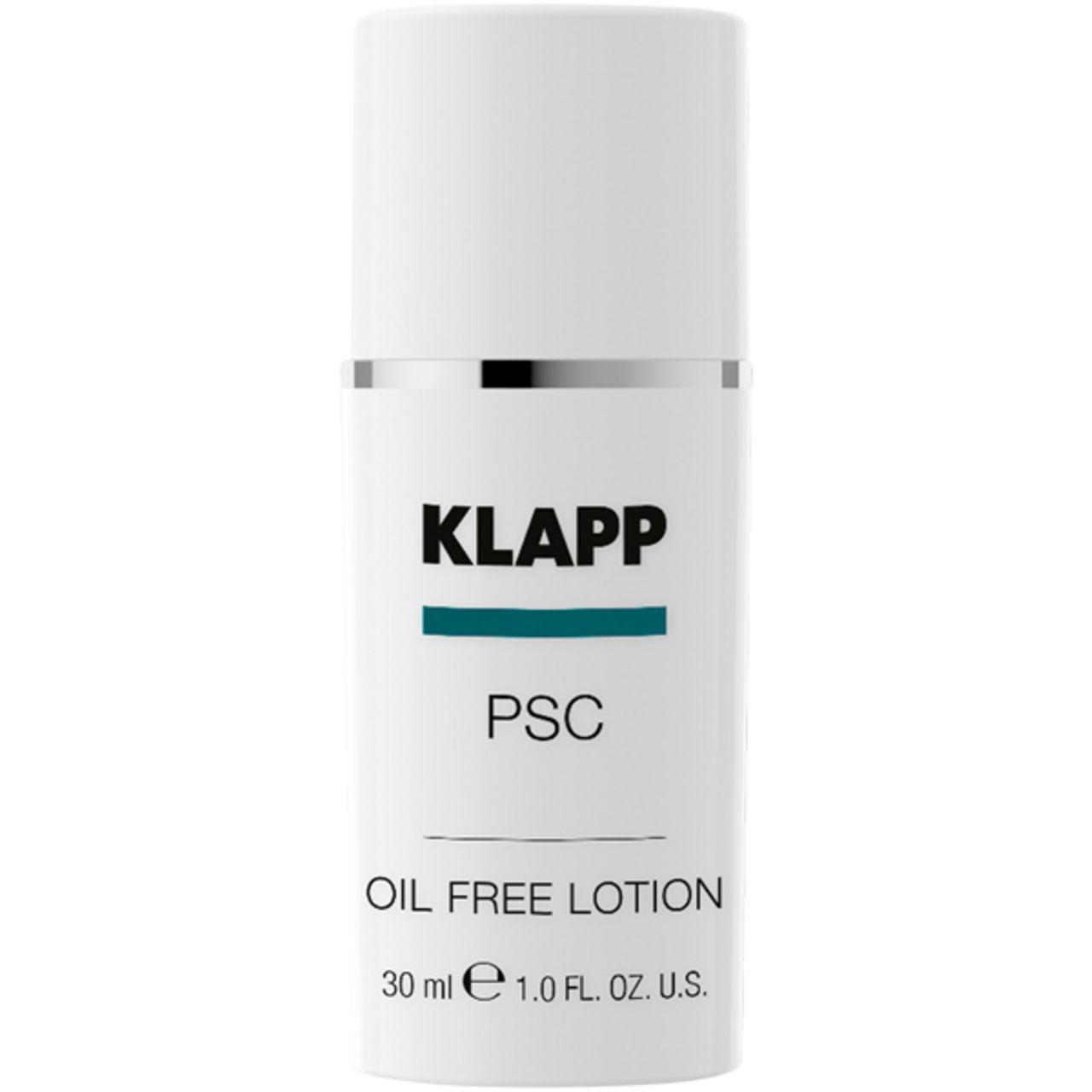 Klapp PSC Oil Free Lotion. Witte fles met zilveren ring en zwarte tekst. 30 ml.