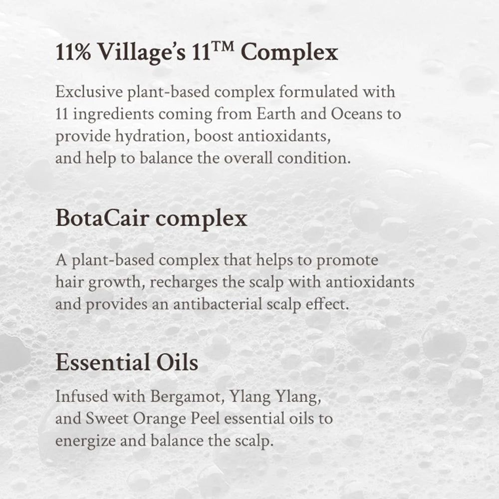 Tekst over ingrediënten: 11% Village's 11TM Complex, BotaCair Complex, essentiële oliën. Beschrijvingen van ingrediënten.