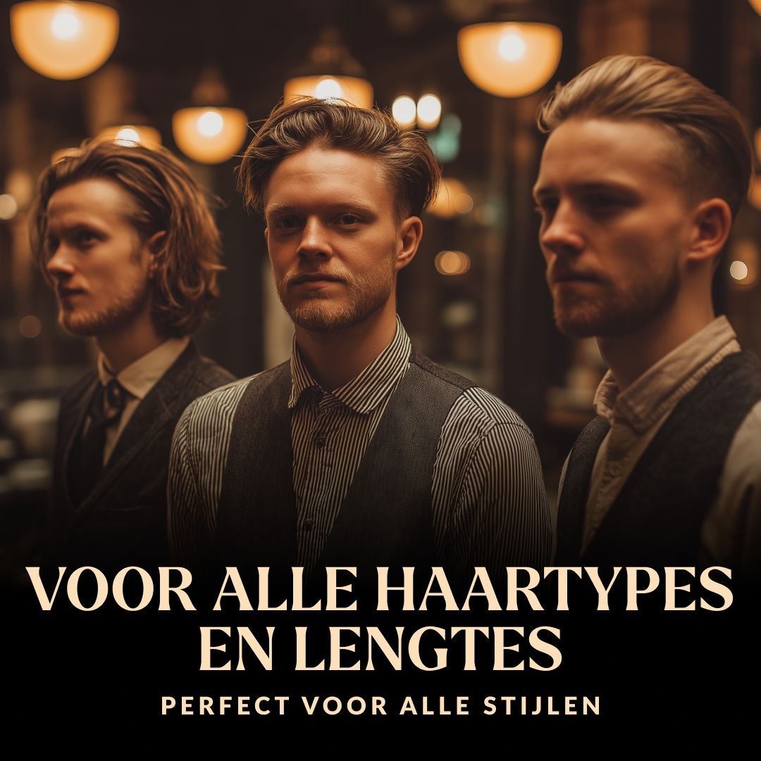 Drie mannen met stijlvolle kapsels in een interieur.