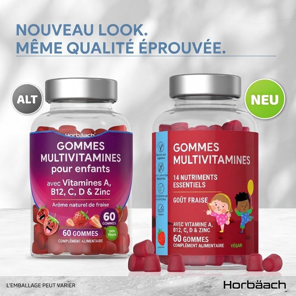 Horbäach Gommes Multivitamines pour enfants, 60 pièces, avec Vitamines A, B12, C, D & Zinc.