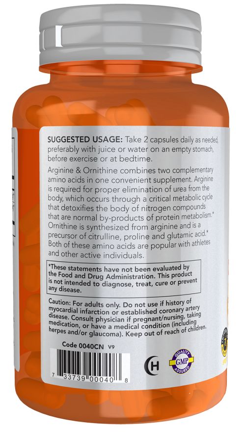 Dos du flacon NOW FOODS Arginine & Ornithine. Contient les instructions d'utilisation et les avertissements. Texte blanc sur fond gris.