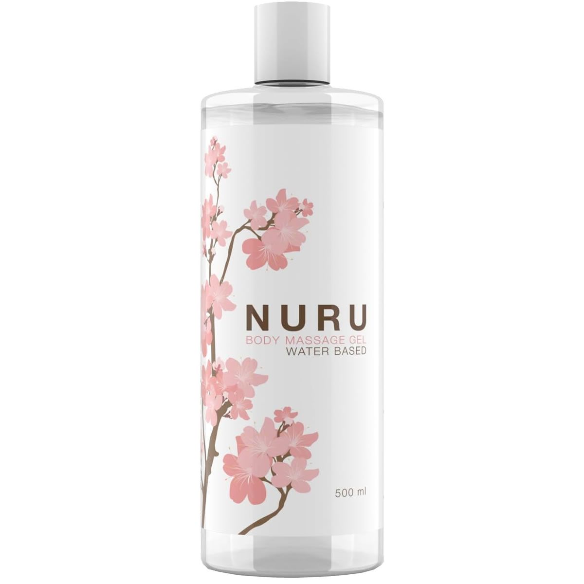 Flacon transparent avec bouchon blanc. Impression d'une branche fleurie rose et texte NURU BODY MASSAGE GEL WATER BASED. Volume : 500 ml.