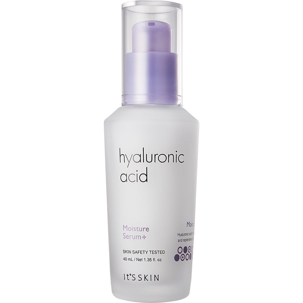 Flacon blanc avec pompe violette. Inscription: Hyaluronic Acid, Moisture Serum+, It's Skin. Bouchon transparent.