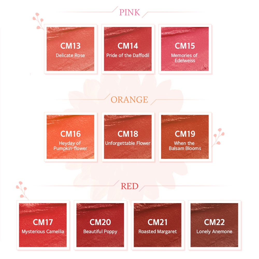 Kleurenpalet met negen lipstickkleuren. Roze, oranje en rood. Kleurnummers en namen vermeld.