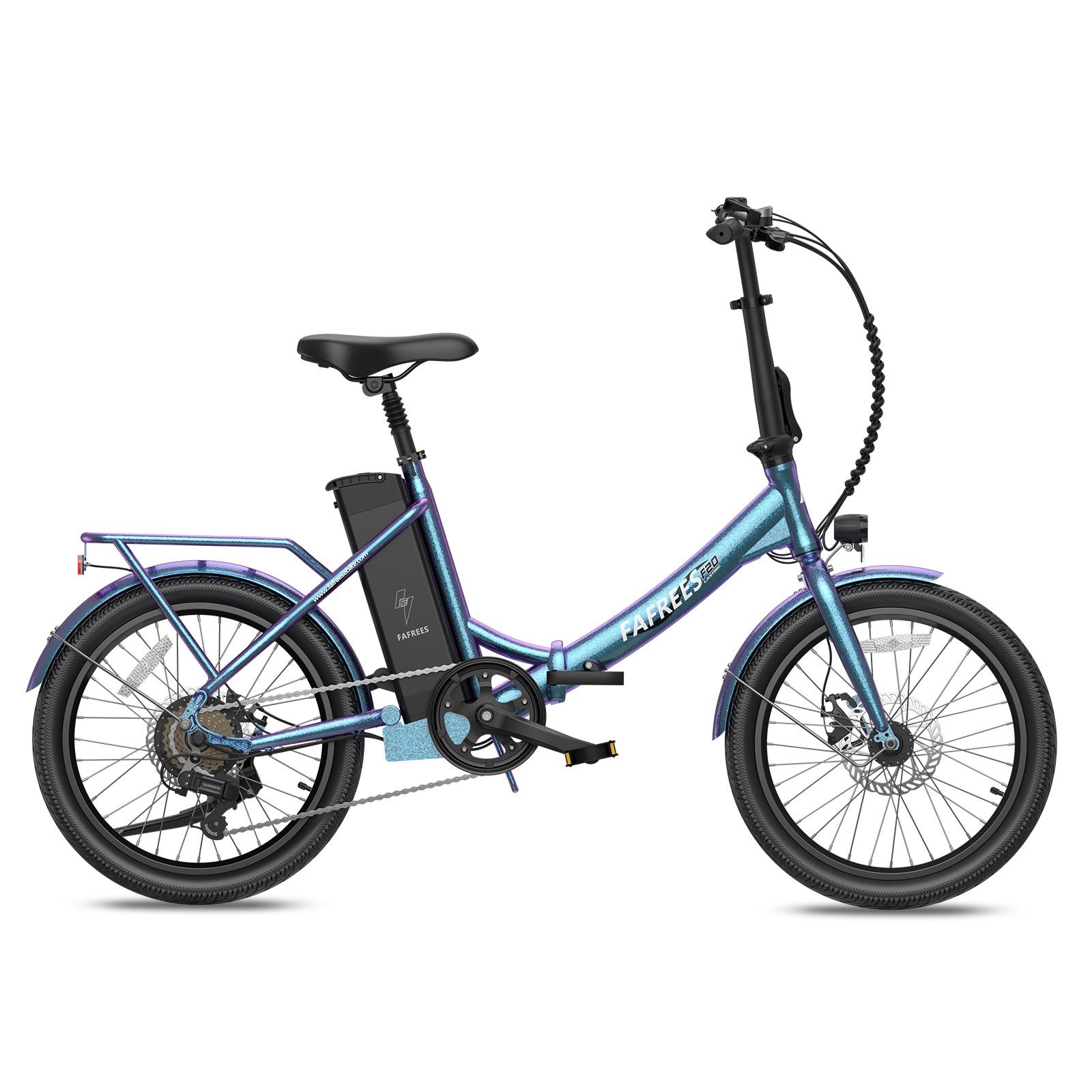 Vélo électrique Fafrees F20 bleu. Cadre pliable, porte-bagages, freins à disque, batterie sur cadre. Pneus et selle noirs.