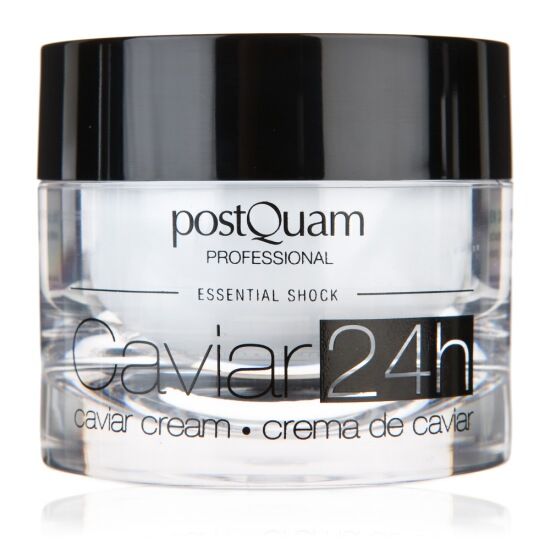 Ronde crèmepot met zwarte deksel. Opschrift: Caviar 24h, Caviar Cream, Postquam Professional, Essential Shock.