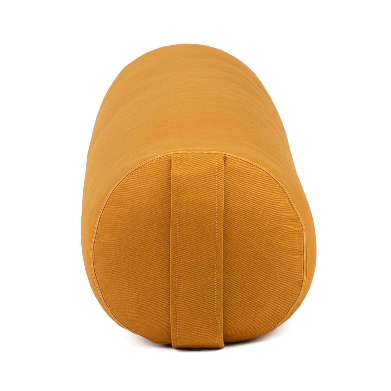 Geel yoga-bolster, cilindrisch, met draaglus. Kapok vulling. Stoffen hoes.