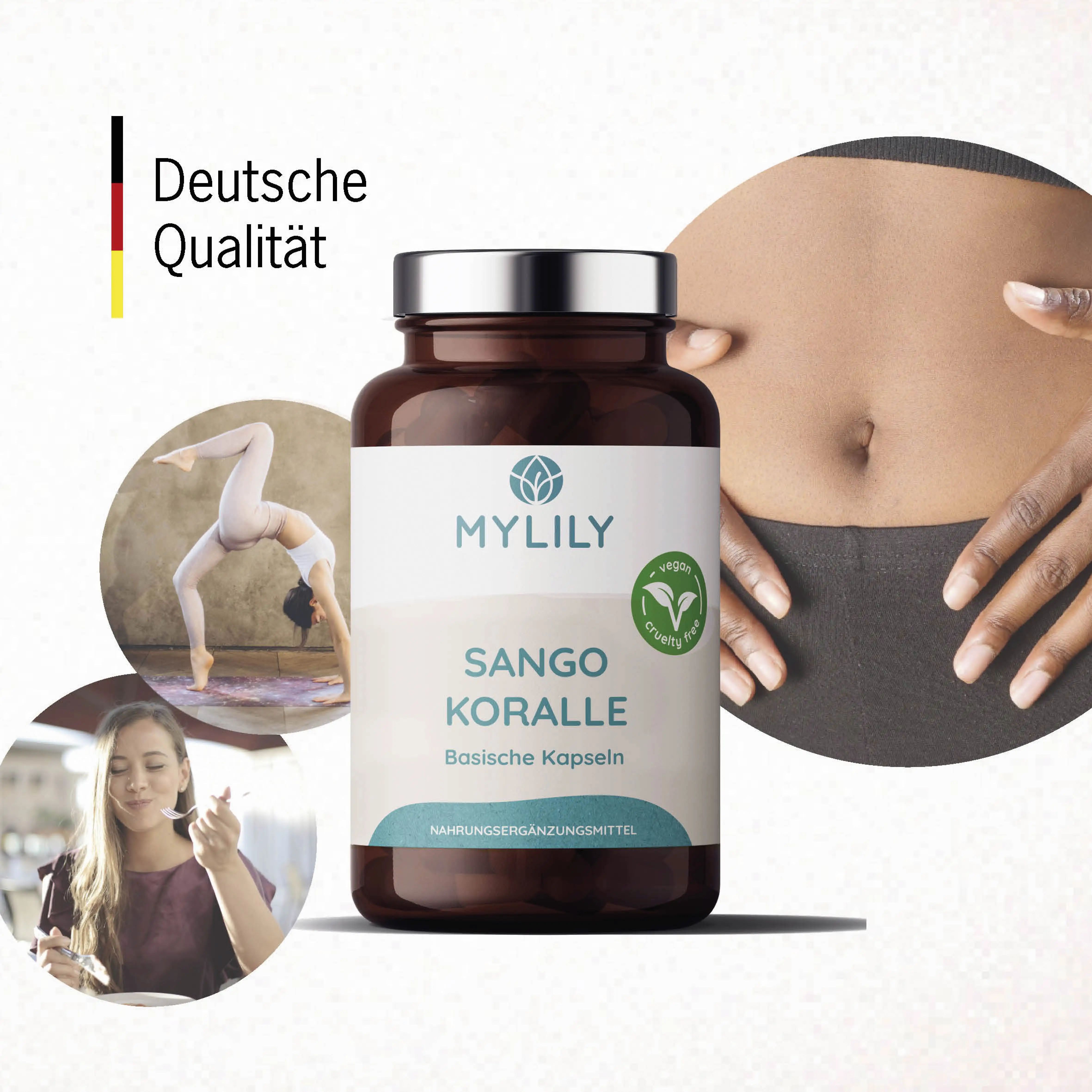Bruine fles met etiket, MYLILY, Sango Koralle, Basische capsules. Veganistisch zegel. Afbeeldingen: vrouw eet, vrouw doet yoga, zwangere vrouw.