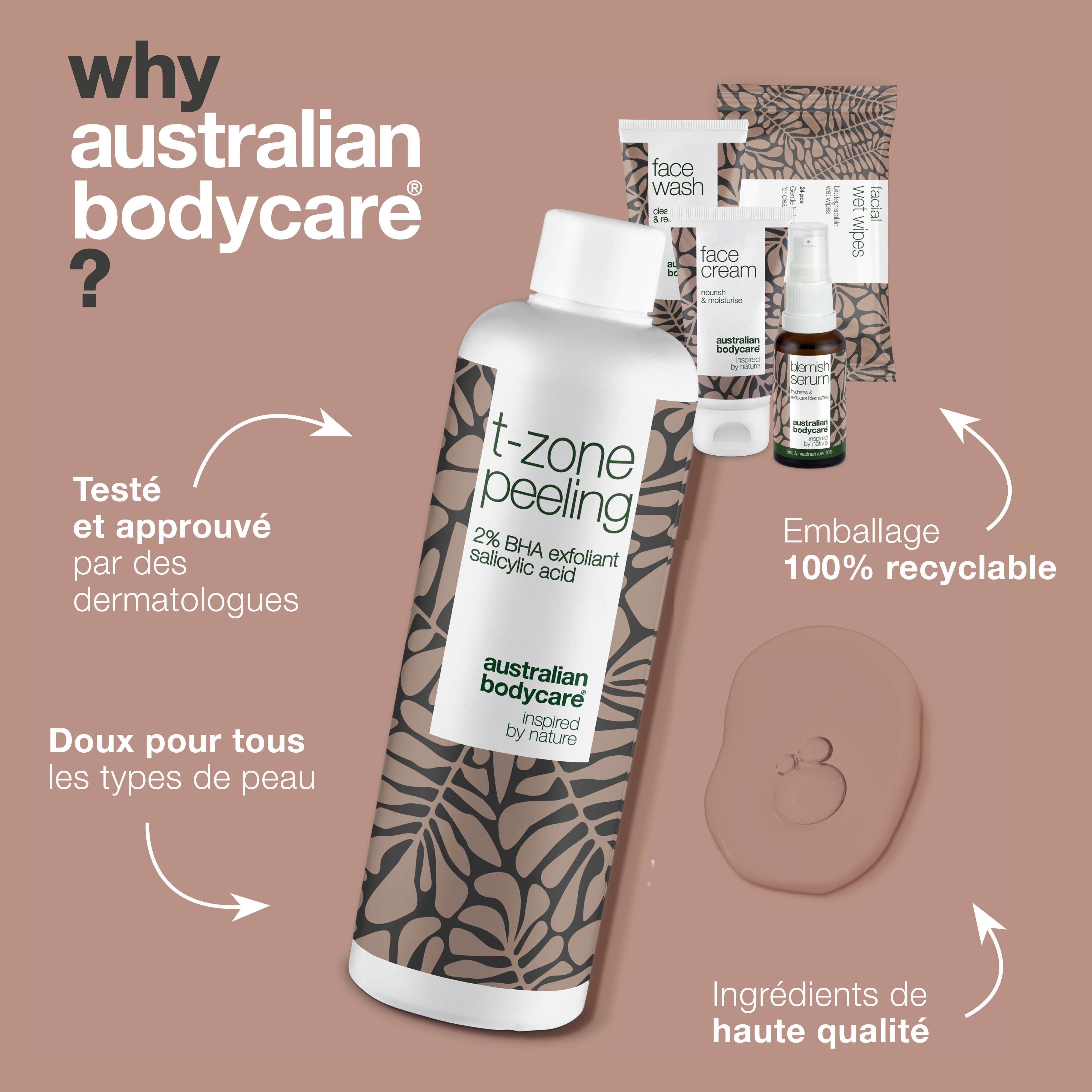Ensemble de produits pour la zone T. Contient nettoyant, peeling, sérum, crème et lingettes.