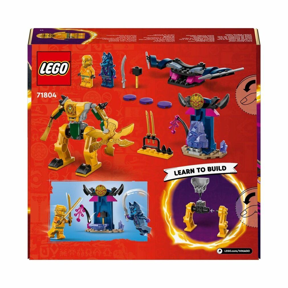 Dos de la boîte LEGO NINJAGO. Montre robot jaune, constructions bleues et violettes. Contient figurines et pièces.