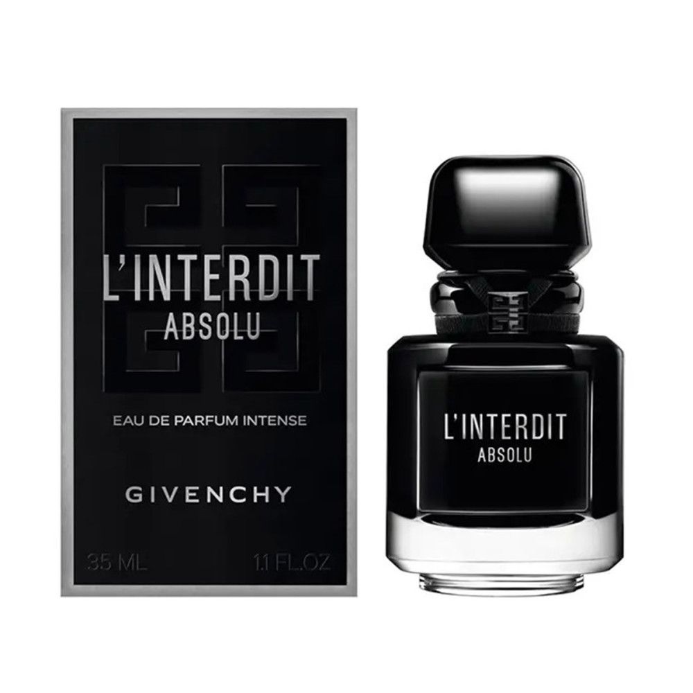 Zwarte fles en verpakking van Givenchy L'Interdit Absolu Intense EDP. Fles met zwarte dop en belettering. Verpakking met logo.