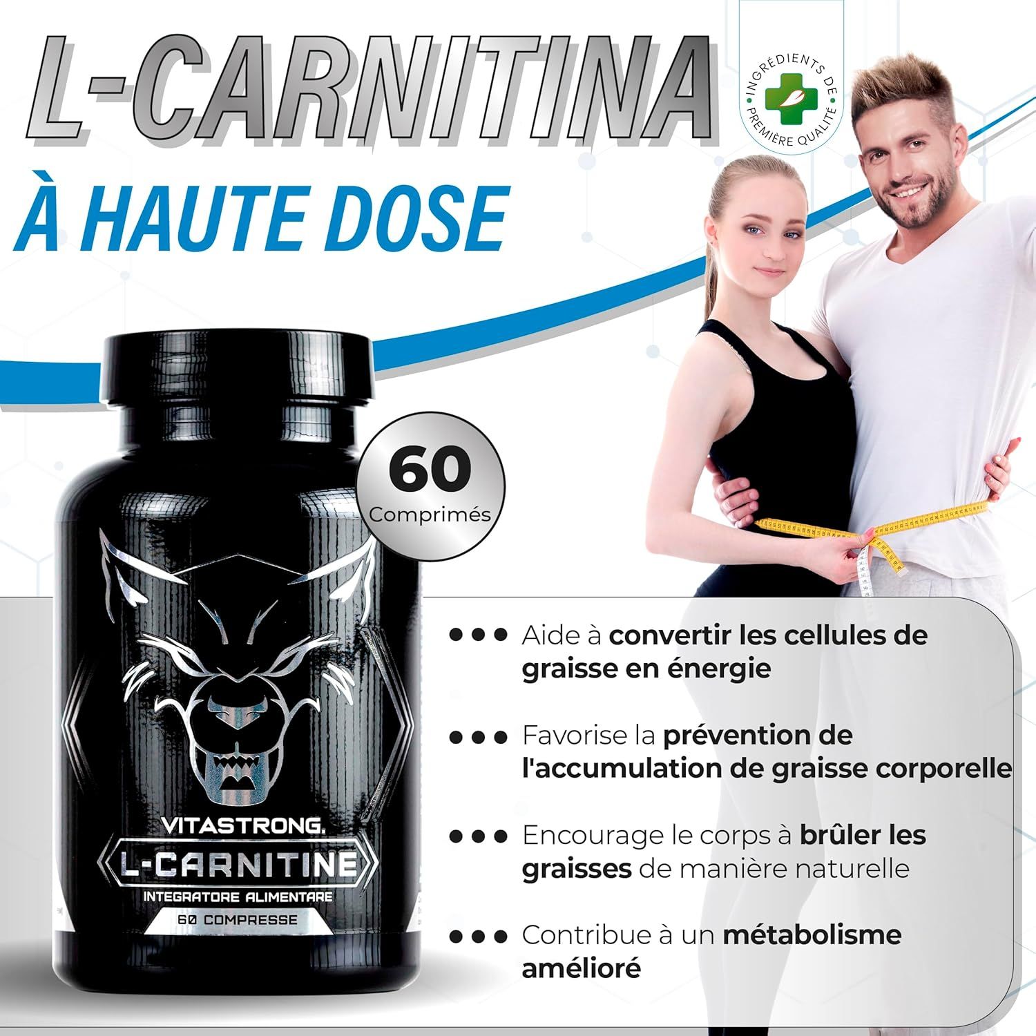 Vitastrong L-Carnitine, 60 tabletten. Fles met wolfslogo. Paar met meetlint. Tekst: Hoog gedoseerd.