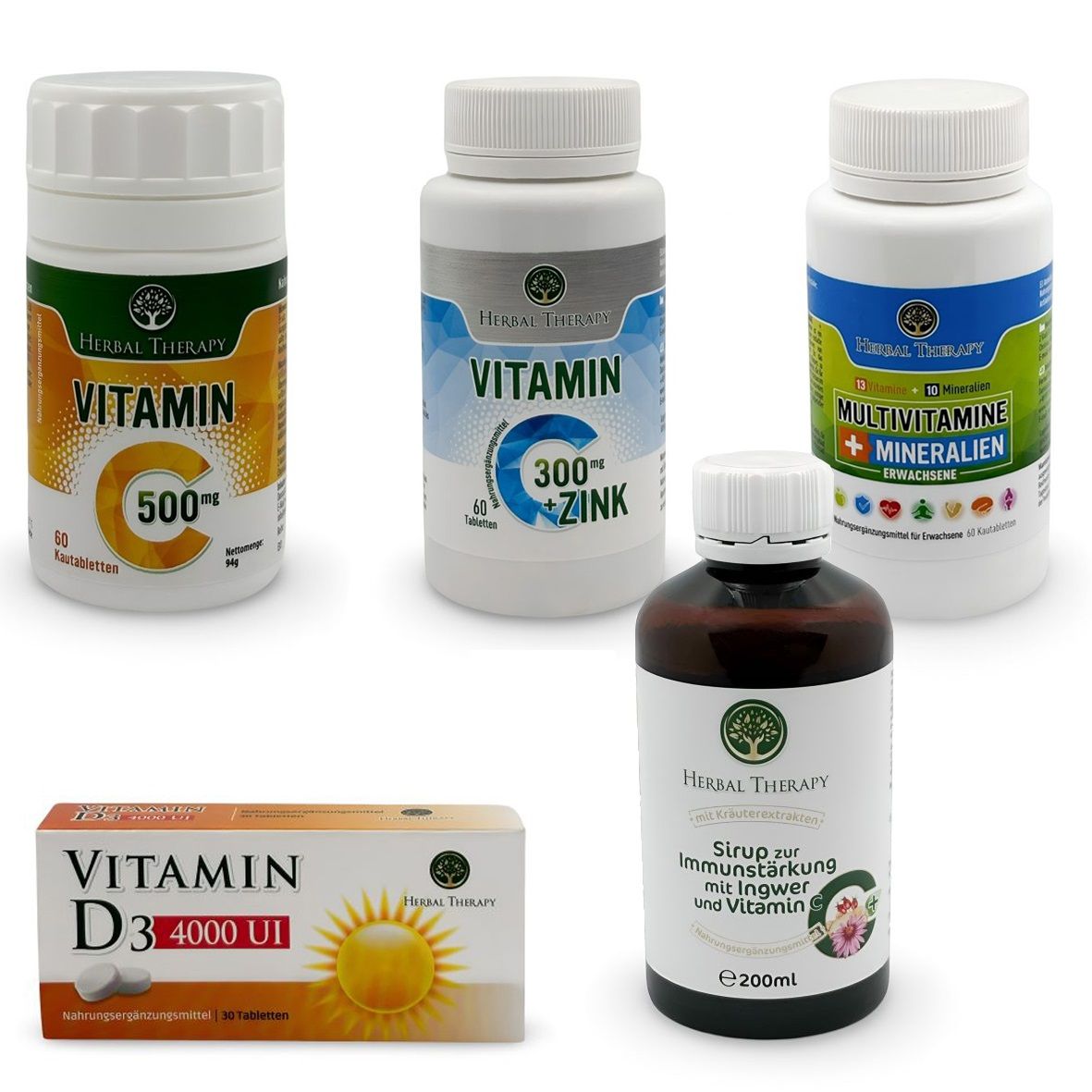 Verschillende vitaminepreparaten. Tabletten in witte flessen en een doos. Bruine vloeistof in een fles.