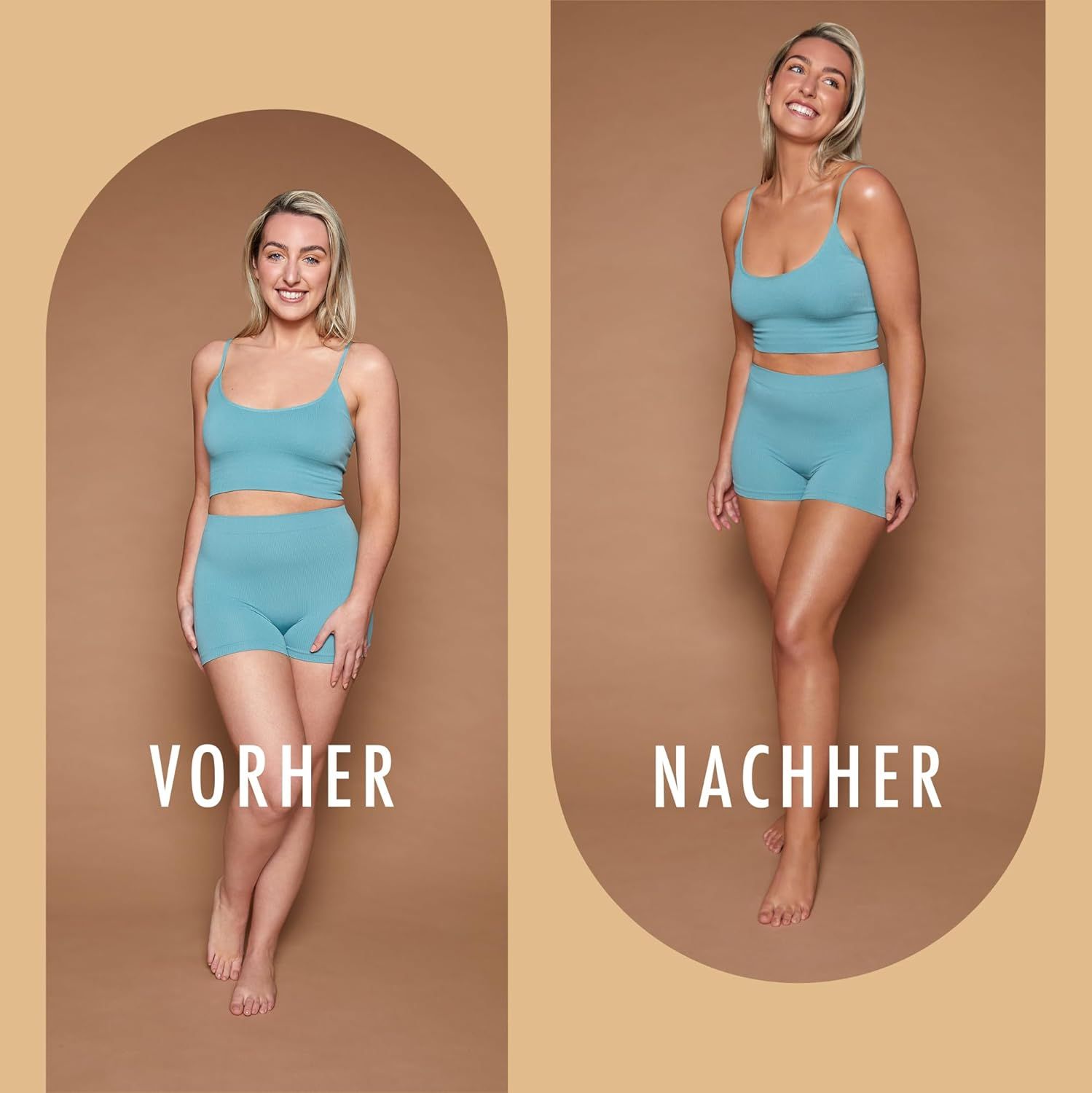 Comparaison avant-après. Femme en tenue bleue. Gauche: Avant. Droite: Après, peau bronzée.