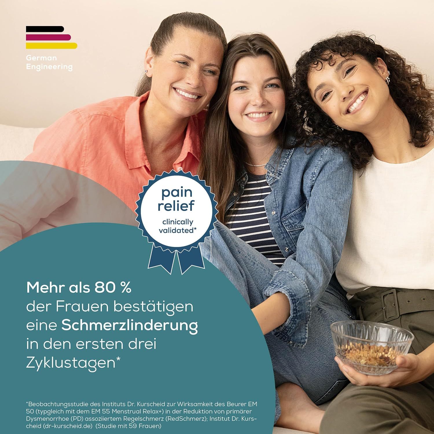 Drie lachende vrouwen. Tekst: Pijnverlichting, klinisch gevalideerd. Meer dan 80% bevestigen pijnverlichting.