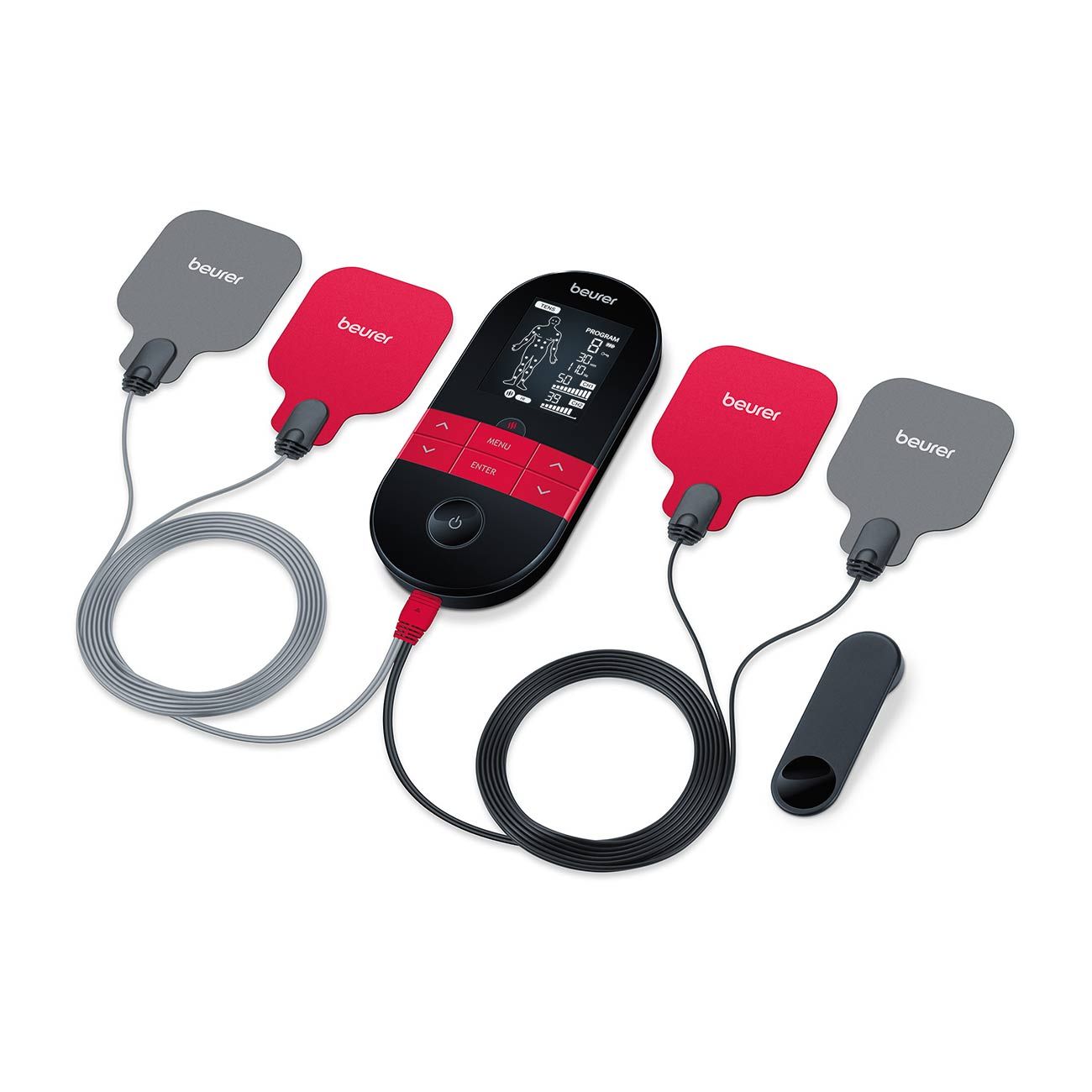 Zwart apparaat met elektroden en accessoires. Rode en grijze elektroden. Merk 'beurer'.