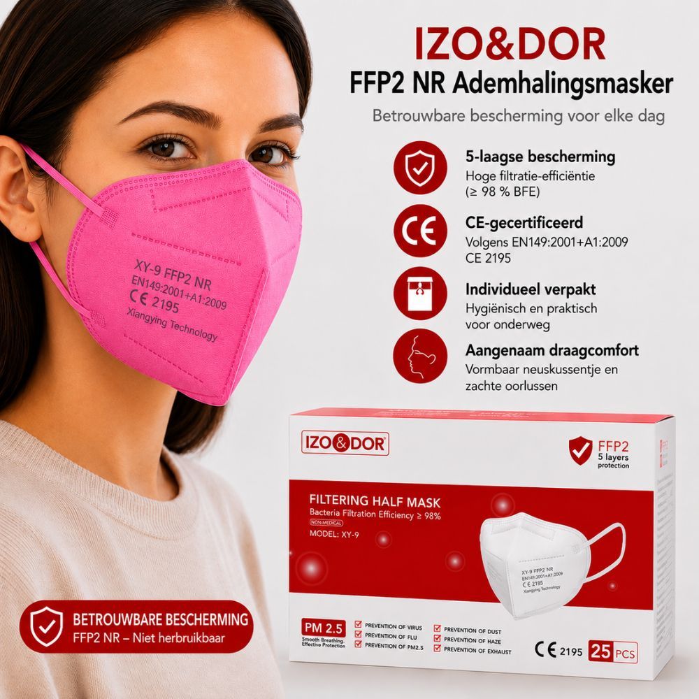 Vrouw met roze FFP2 masker. Productverpakking met kenmerken.