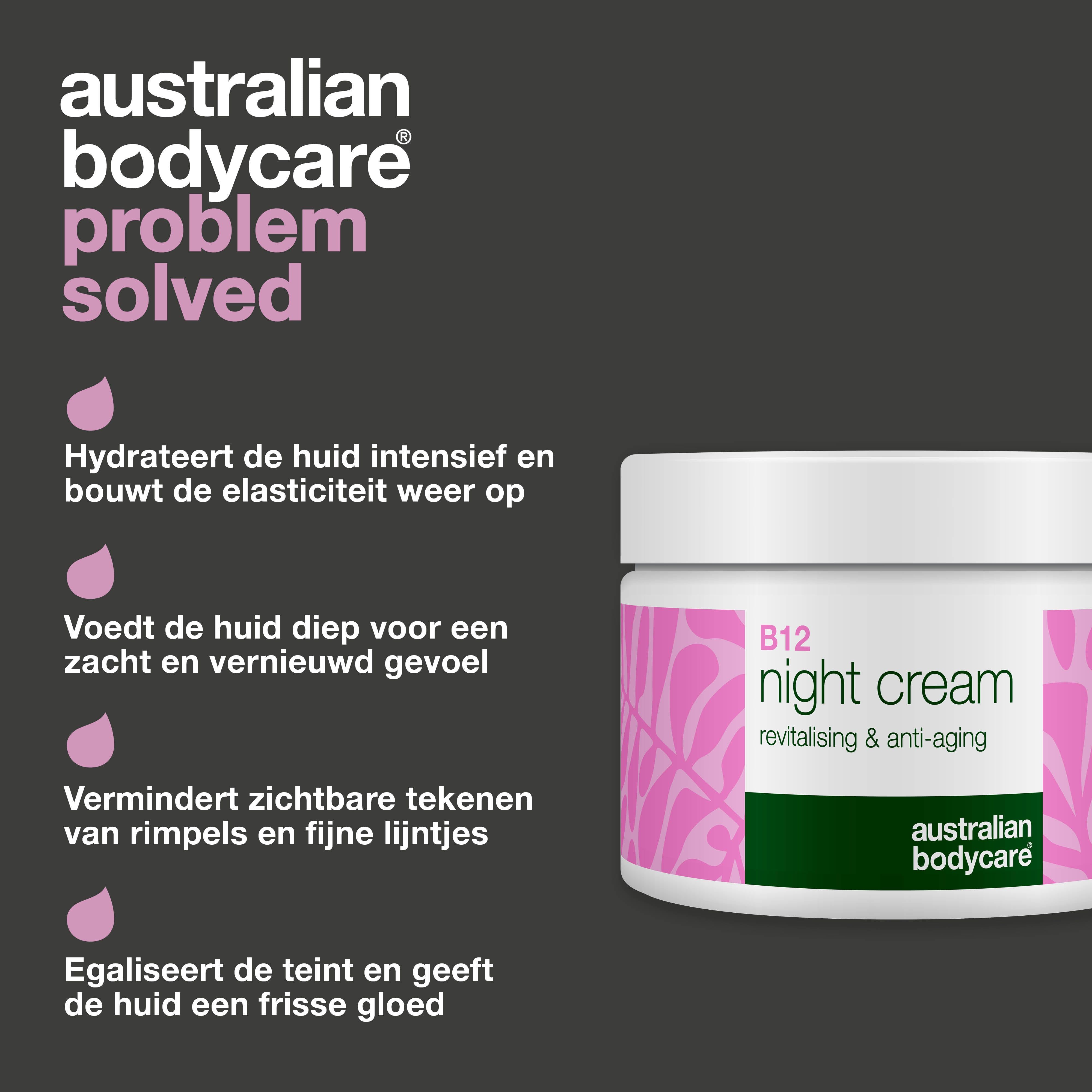 Pot B12 nachtcrème. Tekst: B12 night cream, revitalising & anti-aging. Tekst: Hydrateert de huid intensief en bouwt de elasticiteit weer op.