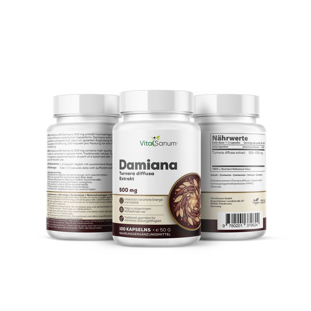 Trois flacons blancs avec étiquettes. Le flacon central porte l'inscription "VitaSanum Damiana". 500 mg, 100 gélules. Design marron.
