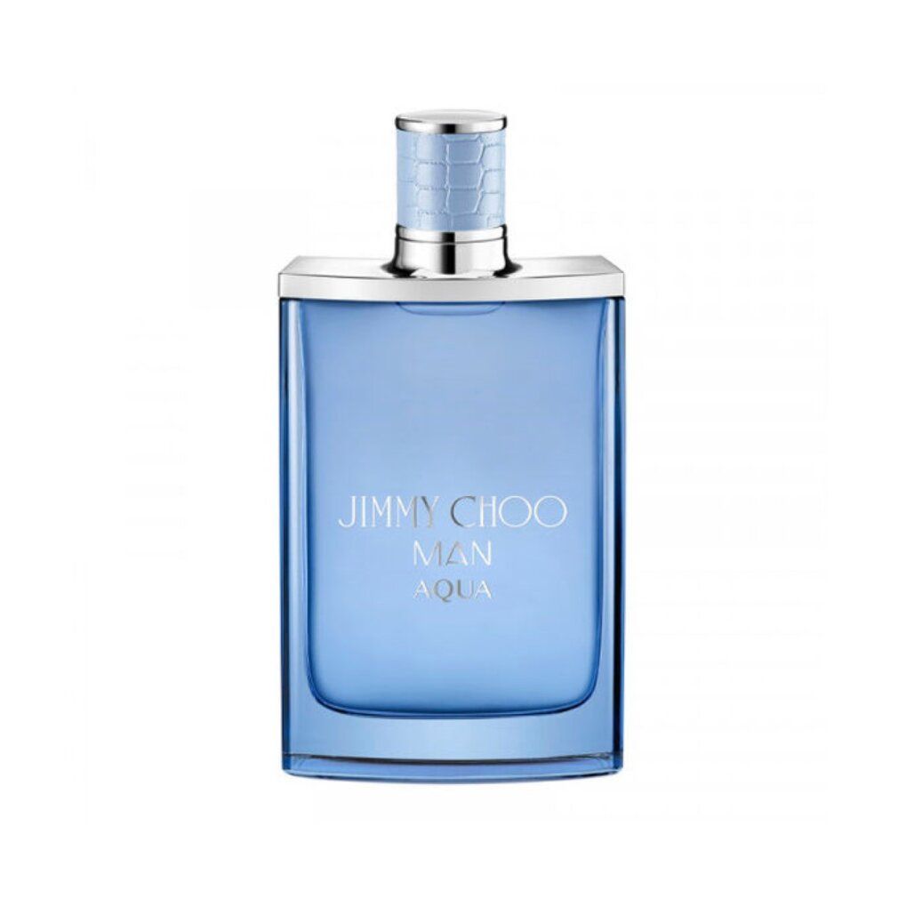 Flacon Jimmy Choo Man Aqua Eau de Toilette bleu clair avec bouchon argenté.