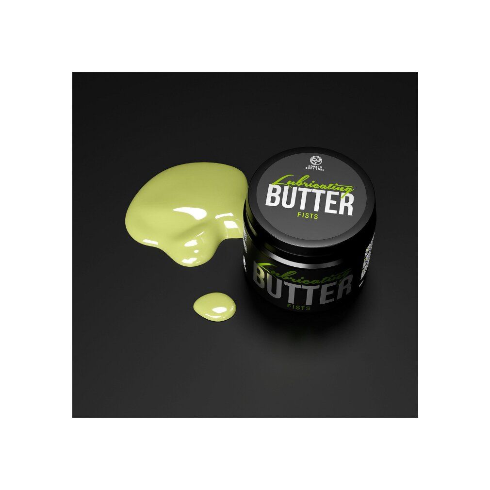 Zwarte pot met deksel en groene vloeistof ernaast. Opschrift: Lubricating BUTTER, FISTS. Groene en zilveren letters.