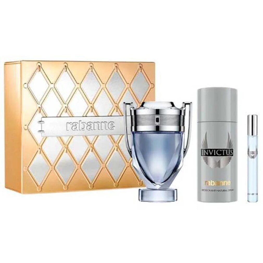 Coffret cadeau Rabanne Invictus : Eau de Toilette, déodorant et vaporisateur. Boîte cadeau dorée à motif losanges.