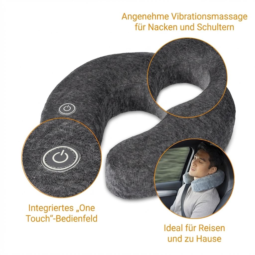 Oreiller de nuque gris avec panneau "One Touch", indication de massage vibrant et image d'application.