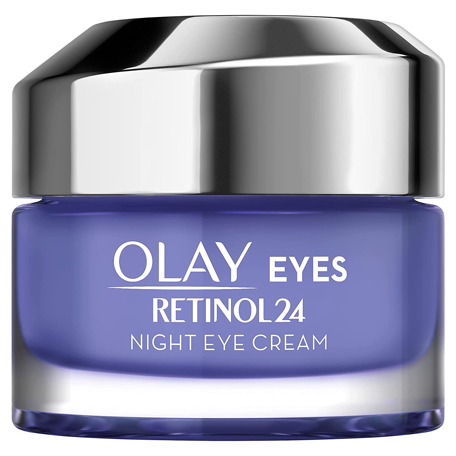 Pot de crème pour les yeux avec couvercle argenté. Inscription: Olay Eyes Retinol24 Night Eye Cream.